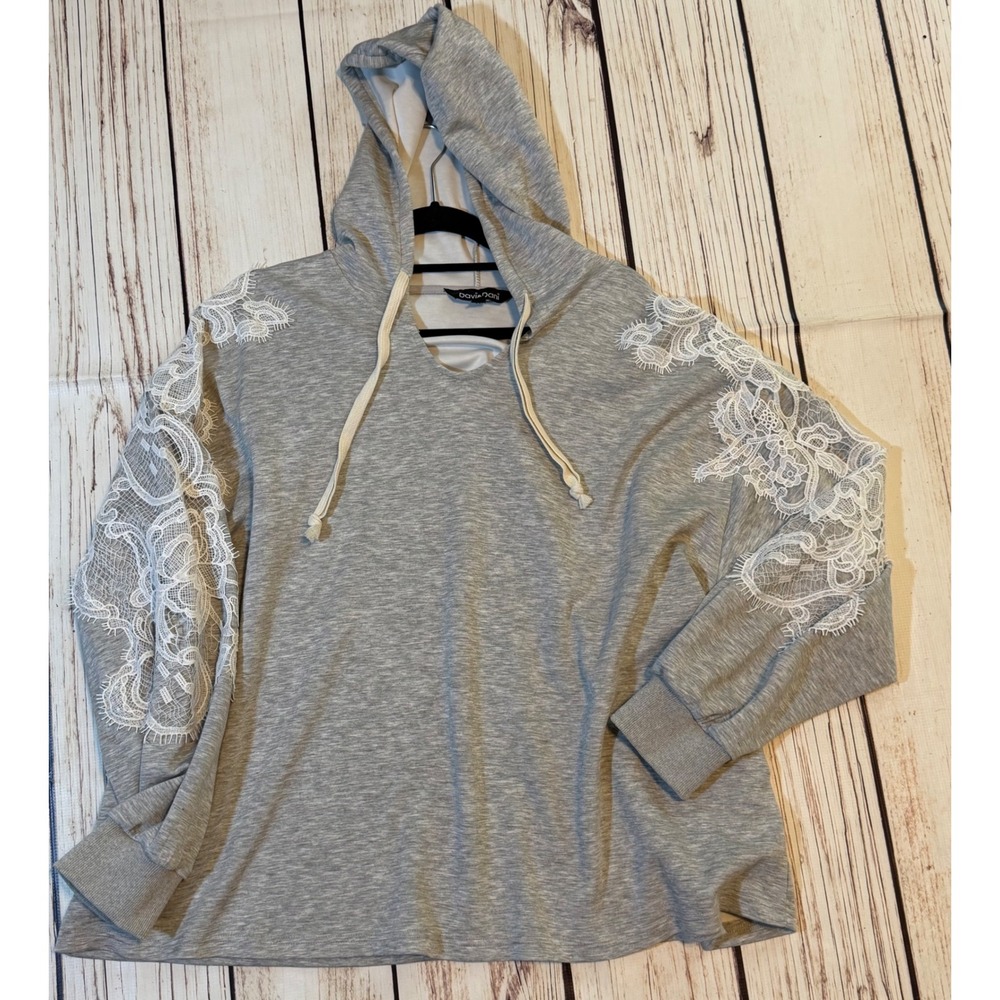 Davi & Dani Heather Gray Lace Applique Sleeve Hoodie Sweatshirt Womens 2XL